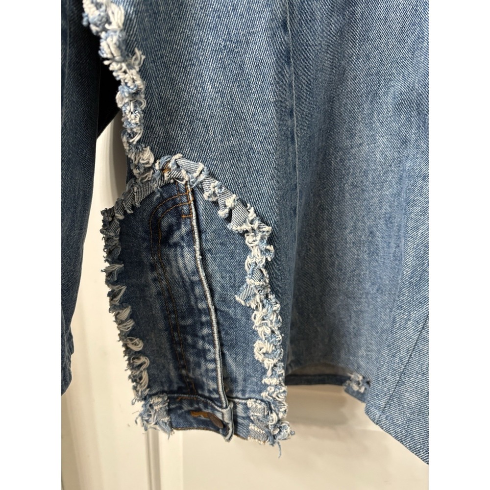 Vintage Boho Rag Denim Jean Jacket Frayed Fringe Heart Pockets Handmade Funky L - Picture 10 of 10